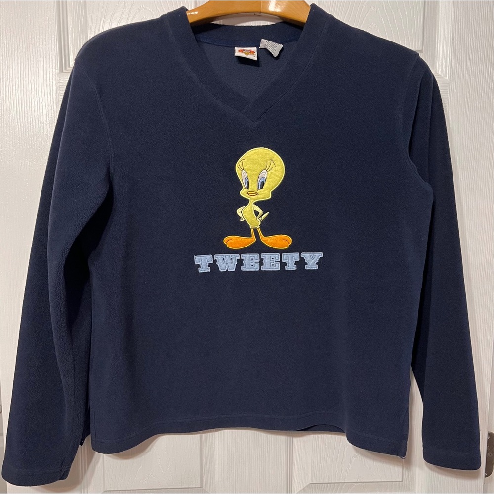 Vintage Looney Tunes Tweety Bird Navy Blue Fleece V-Neck Pullover L Jerry Leigh